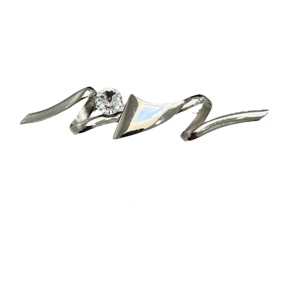 VINTAGE ARTISTIC SILVER TONE SQUIGGLE & CRYSTAL BROOCH